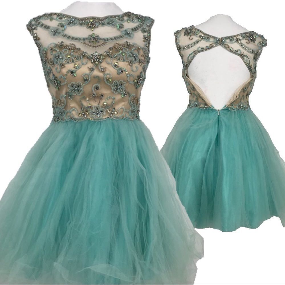 Custom Turquoise Beaded Tulle Party Dress | Size 6 | Short Formal Gown | NWOT